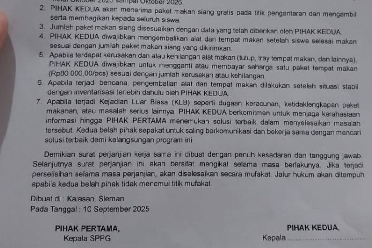 Beredar surat perjanjian yang mewajibkan penerima manfaat MBG di DIY untuk merahasiakan apabila terjadi kejadian luar biasa, termasuk kasus keracunan.