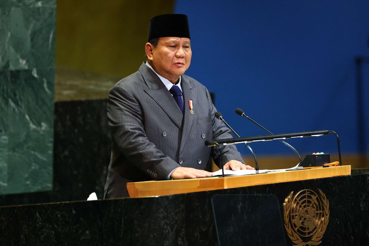 Mikrofon Presiden Indonesia Prabowo Subianto tiba-tiba mati saat berbicara dalam KTT Perserikatan Bangsa-Bangsa (PBB) tentang Palestina di Markas Besar PBB di New York, Amerika Serikat, Senin (22/9/2025) waktu setempat.