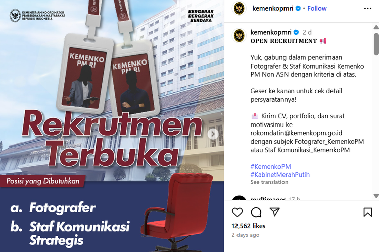 Kemenko PM Buka Lowongan Kerja Non ASN, Cek Syaratnya