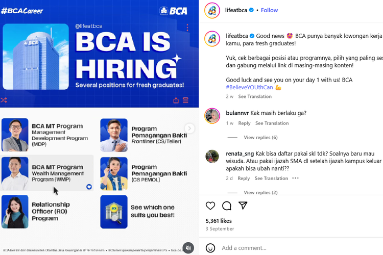 Lowongan Kerja BCA September 2025: Terbuka untuk Lulusan SMA hingga S2, Cek Posisi dan Deadline Pendaftaran