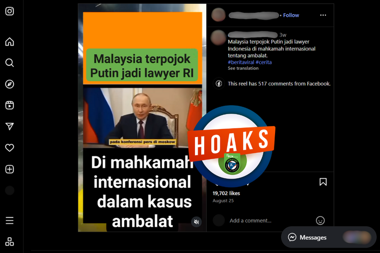 Tangkapan layar konten hoaks di sebuah akun Facebook, 25 Agustus 2025, yang mengeklaim Vladimir Putin membela Indonesia dalam sengketa Ambalat di Mahkamah Internasional.